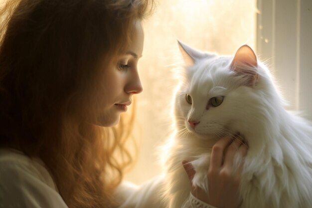 View of beautiful white indoor cat with owner