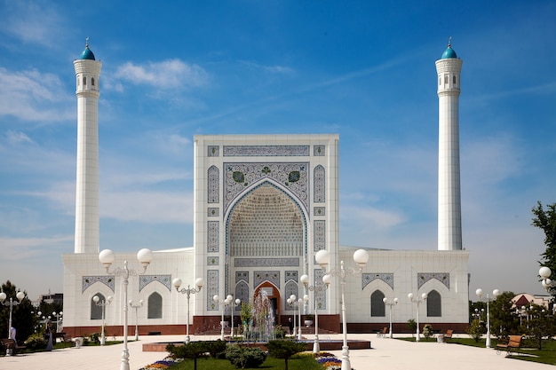 View of a beautiful white mosque with minarets in Tashkent