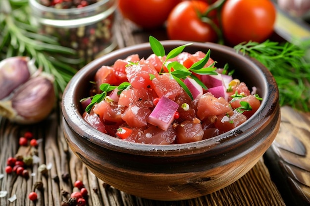 View of beef meat for steak tartar dish