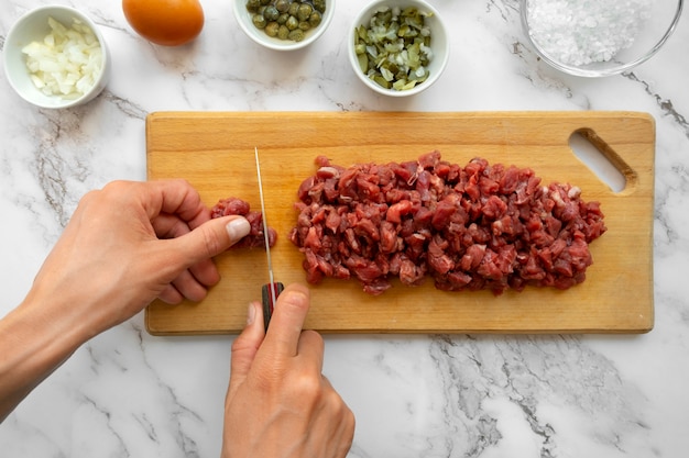 View of beef for steak tartar dish