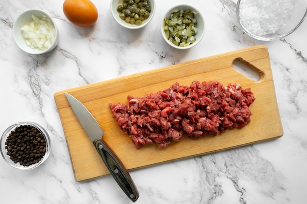 View of beef for steak tartar dish