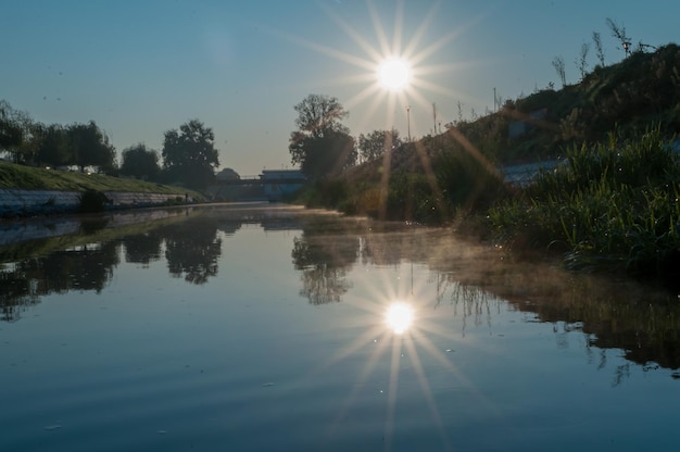 A view of the Bega river early in the morning. Sunrise in the city.