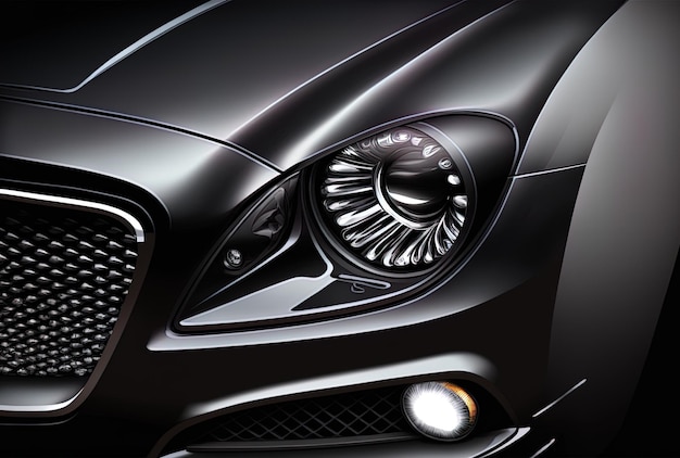 View of a black luxury cars headlight in close up against a gray background