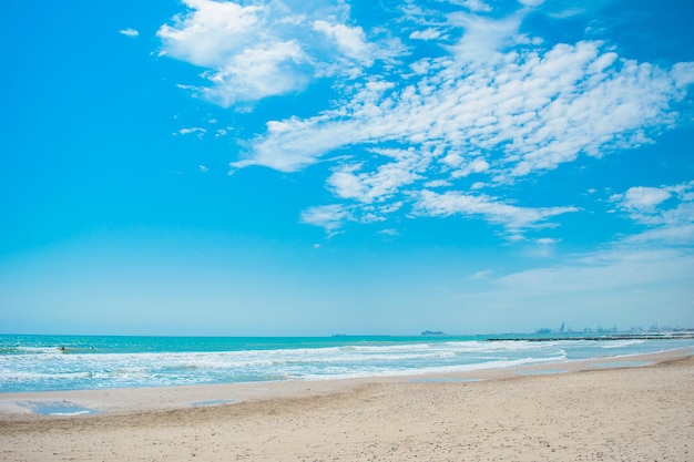 View of the blue expanse of the sea and the blue sky with clouds from the beach Clear horizon Great for design and texture background