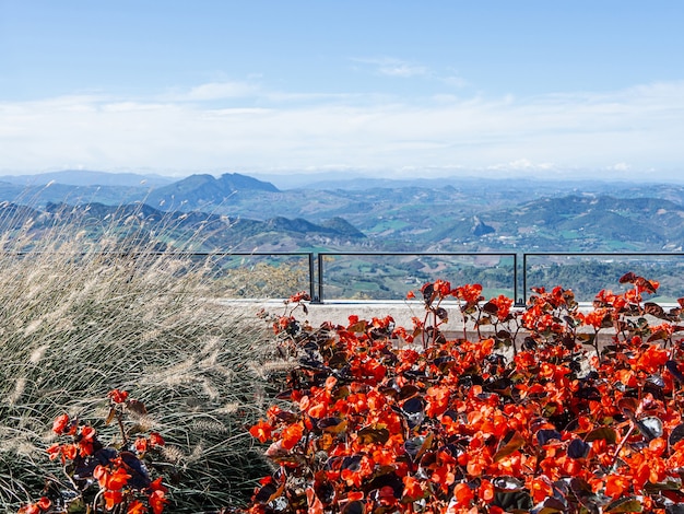 View of blue mountains and red flowers in italy