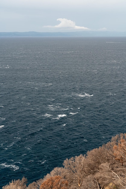 View of the blue sea from above and part of the coastline covered with trees Mountain landscape in the distance Beautiful white cloud in the blue sky