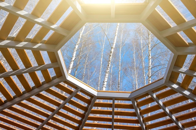 View of blue sky through wooden frame lattice Window on roof of alcove view of sky and treetops Calm and serenity on clear spring day