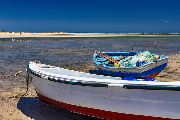 View of boats in the bay at low tide on the beach in the Mediterranean Sea on the island of Djerba Tunisia