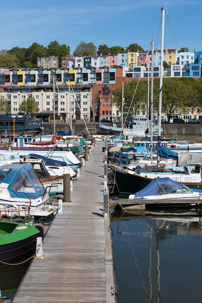 View of boats and colourful apartments along the River Avon in Bristol on May 14, 2019