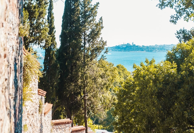 A view of Bosphorus and turkish mosque from above at Arnavutkoy district of Istanbul