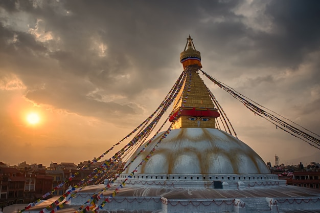 View of the Boudhanath Pagoda in Kathmandu at  Sun set in Kathmandu, Nepal.