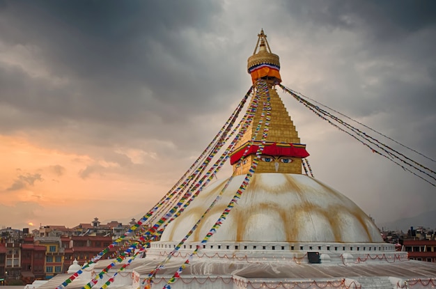 View of the Boudhanath Pagoda in Kathmandu at  Sun set in Kathmandu, Nepal.