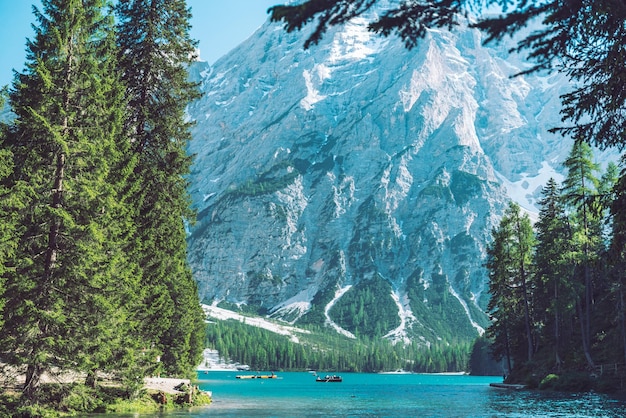 View of braies lake in alps mountains