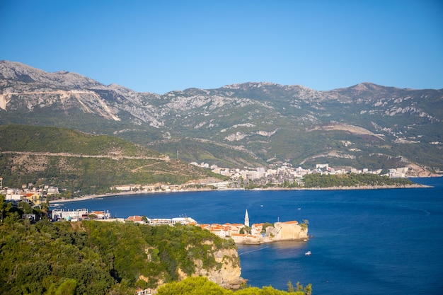 View of budva old town buildings and coastline from mogren fortress montenegro