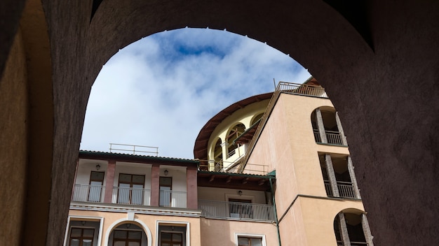 View of building from the arc. Olympic village, Sochi, Russia.