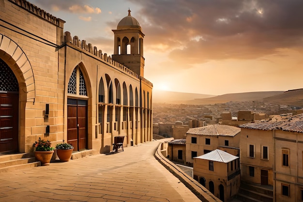 A view of a building with a view of the city of kashan in the background.