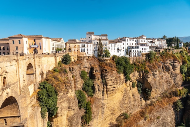 View of the buildings and the new bridge of Ronda province of Malaga Andalucia