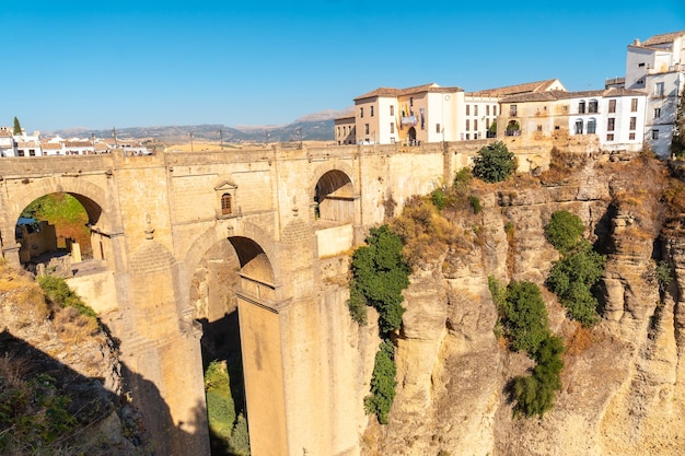 View of the buildings and the new bridge of Ronda province of Malaga Andalucia