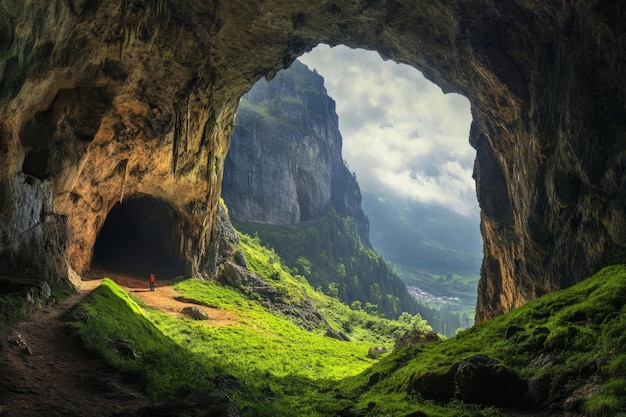 Photo view can be seen from the entrance of a cave revealing vibrant greenery and soft sunlight