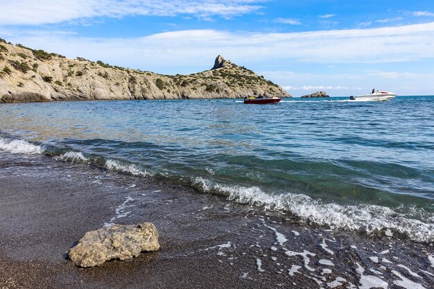 View of Cape Kapchik from Tsarskoe beach Golitsyn trail Crimea Russia 2021