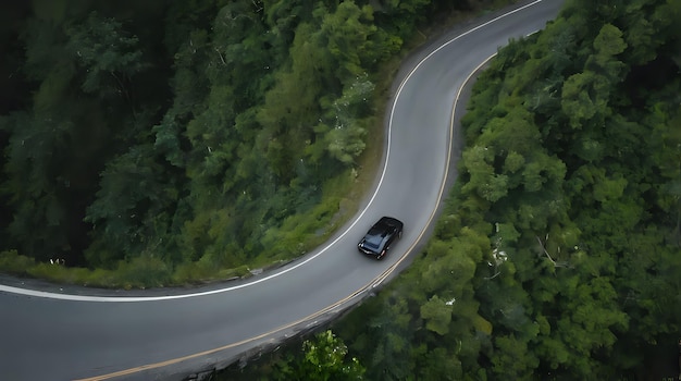 Photo a view of a car driving down a winding road in the woods