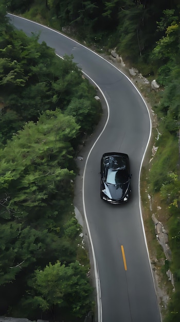 Photo a view of a car driving down a winding road in the woods