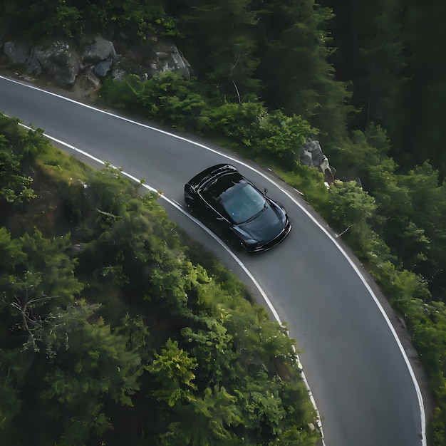 Photo a view of a car driving down a winding road in the woods