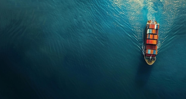 Photo view of cargo ship with shipping containers on open sea