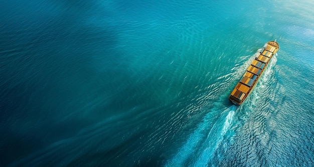 Photo view of cargo ship with shipping containers on open sea