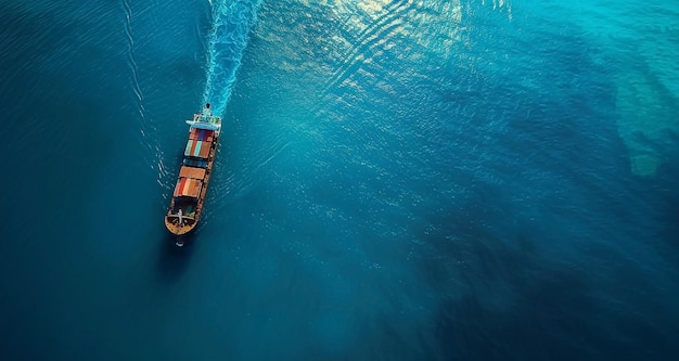 Photo view of cargo ship with shipping containers on open sea