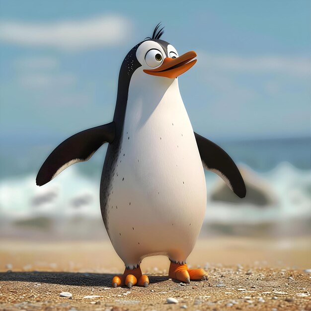 View Of Cartoon Animated 3D Penguin On Beach