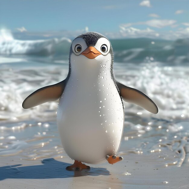 View Of Cartoon Animated 3D Penguin On Beach