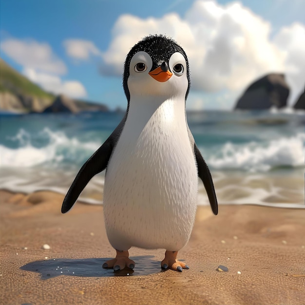 View Of Cartoon Animated 3D Penguin On Beach