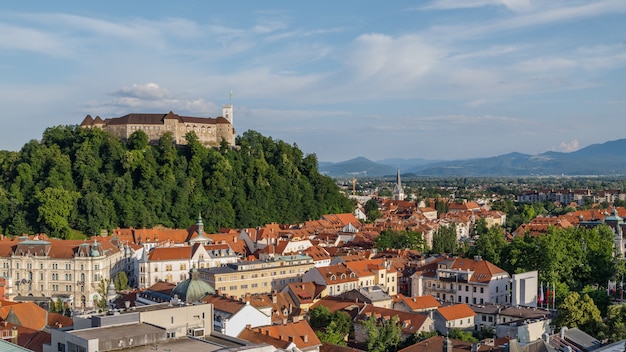 view of castle on a hill and the city in a summer day in Slovenia