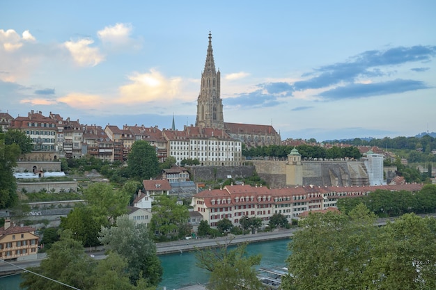 View of the cathedral of Bern over the river Aar in Switzerland