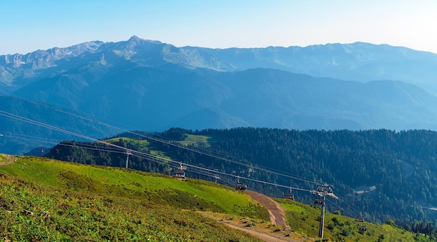 View of the Caucasus Mountains and the chairlift in summer