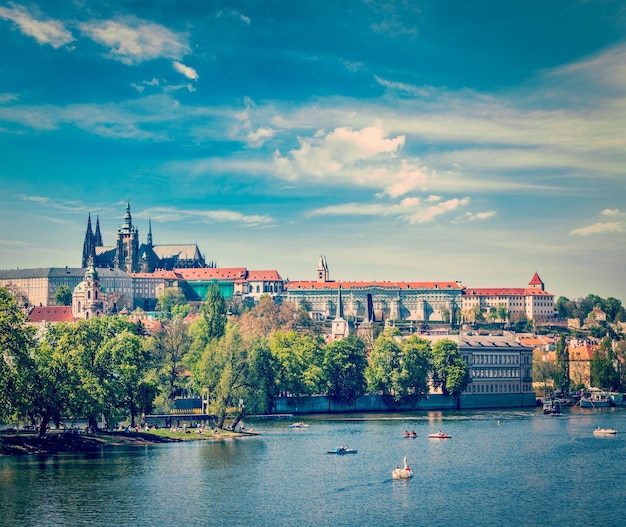 View of Charles bridge over Vltava river and Gradchany Prague C