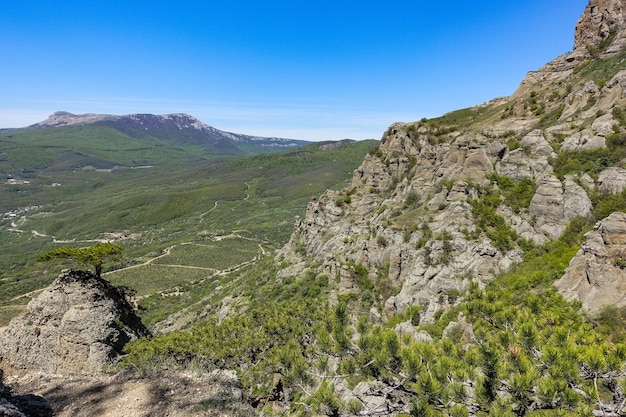 View of the ChatyrDag plateau from the top of the Demerdzhi mountain range in Crimea Russia