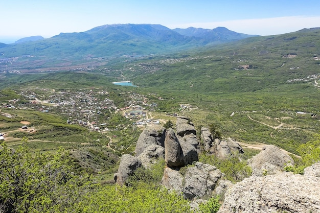 View of the ChatyrDag plateau from the top of the Demerdzhi mountain range in Crimea Russia