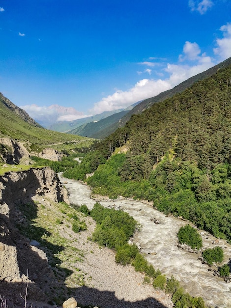 View of the Chegem gorge near the waterfall AbaiSu KabardinoBalkaria June 2021