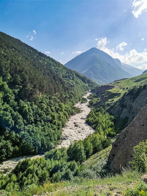 View of the Chegem gorge near the waterfall AbaiSu KabardinoBalkaria June 2021