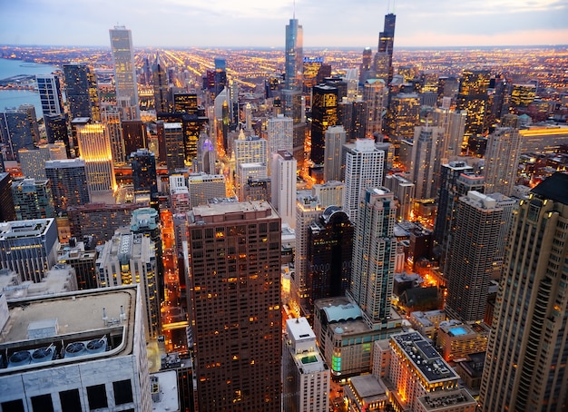 View of Chicago downtown at twilight from high above