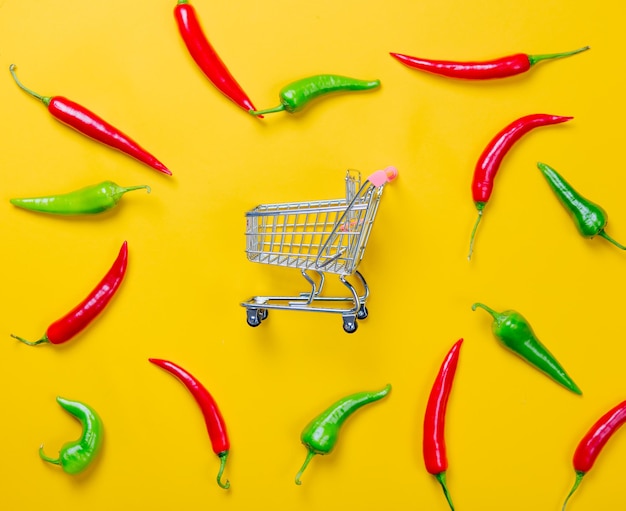 Above view at Chili pepper and shopping cart on yellow background