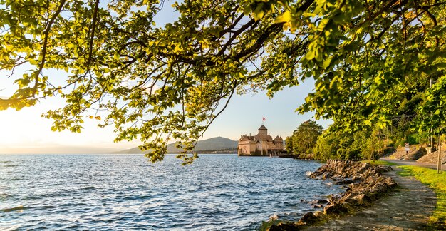 View of Chillon Castle on Lake Geneva in Switzerland