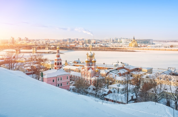 View of the Christmas Church and the Alexander Nevsky Cathedral along the banks of the Volga River