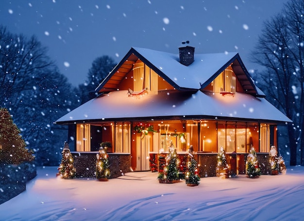 View of christmas decorated house in snow snow