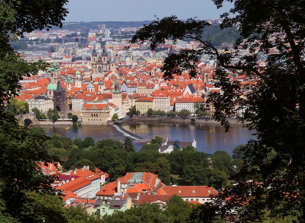 View of the city center of Prague and the Vltava River