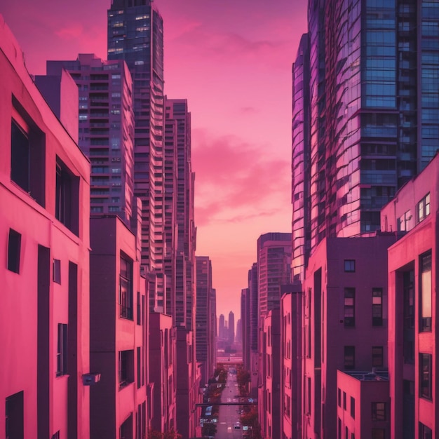 Photo a view of a city at dusk with a pink sky ewjayrl