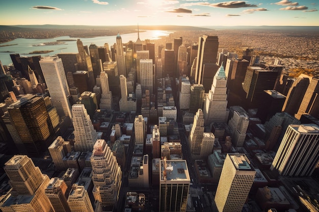 A view of a city from the air with the sun setting behind it.