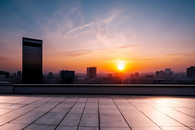 a view of a city from a balcony with a sunset in the background